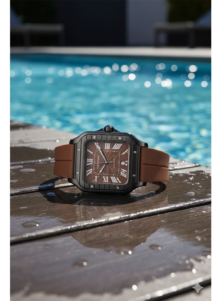 كارتييه ساعة يد رجالي فاخرة بتصميم مربع – سوار سيليكون بني مع قرص بني وأرقام رومانية - Image 2